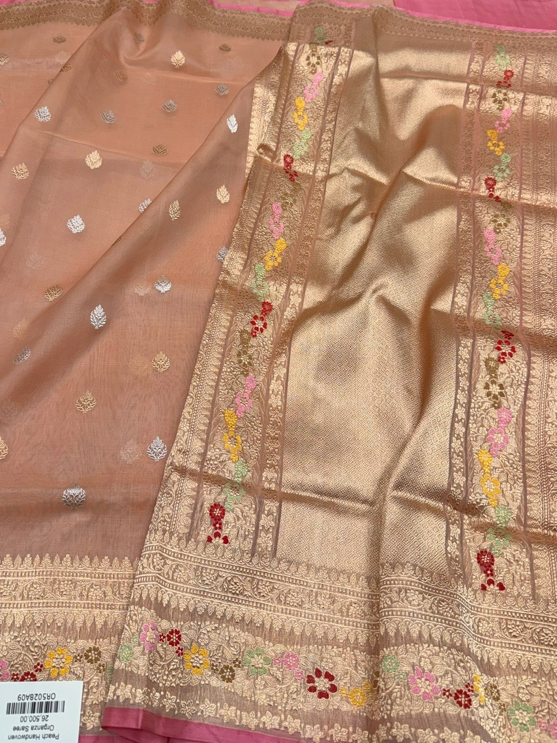 Peach Handwoven Pure Organza Silk Saree