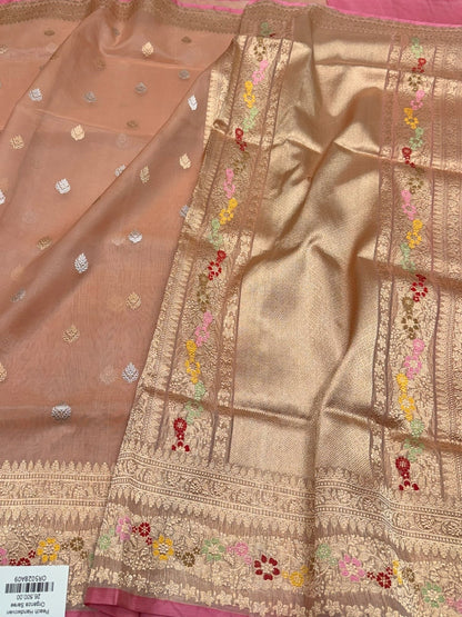 Peach Handwoven Pure Organza Silk Saree