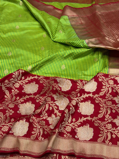 Parrot Green Handwoven Pure Banarasi Ektara Silk Saree