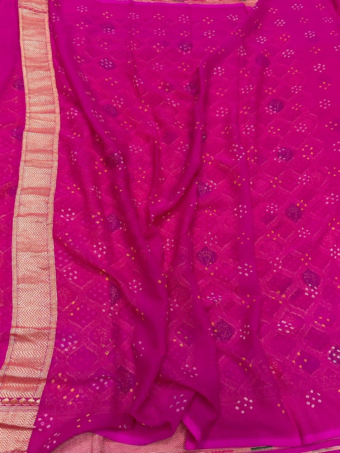 Rani Pink Banarasi Pure Bandhej Georgette Saree – Luxury Cutwork Brocade Wedding & Festive Saree