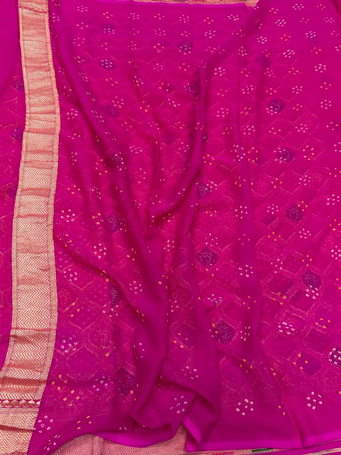 Rani Pink Banarasi Pure Bandhej Georgette Saree – Luxury Cutwork Brocade Wedding &amp; Festive Saree