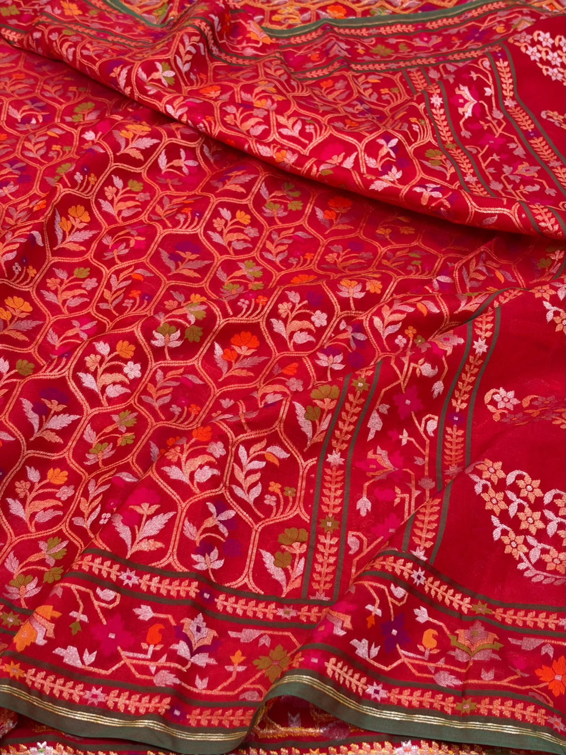 Red Pure Banarasi Kora Jamdani Saree