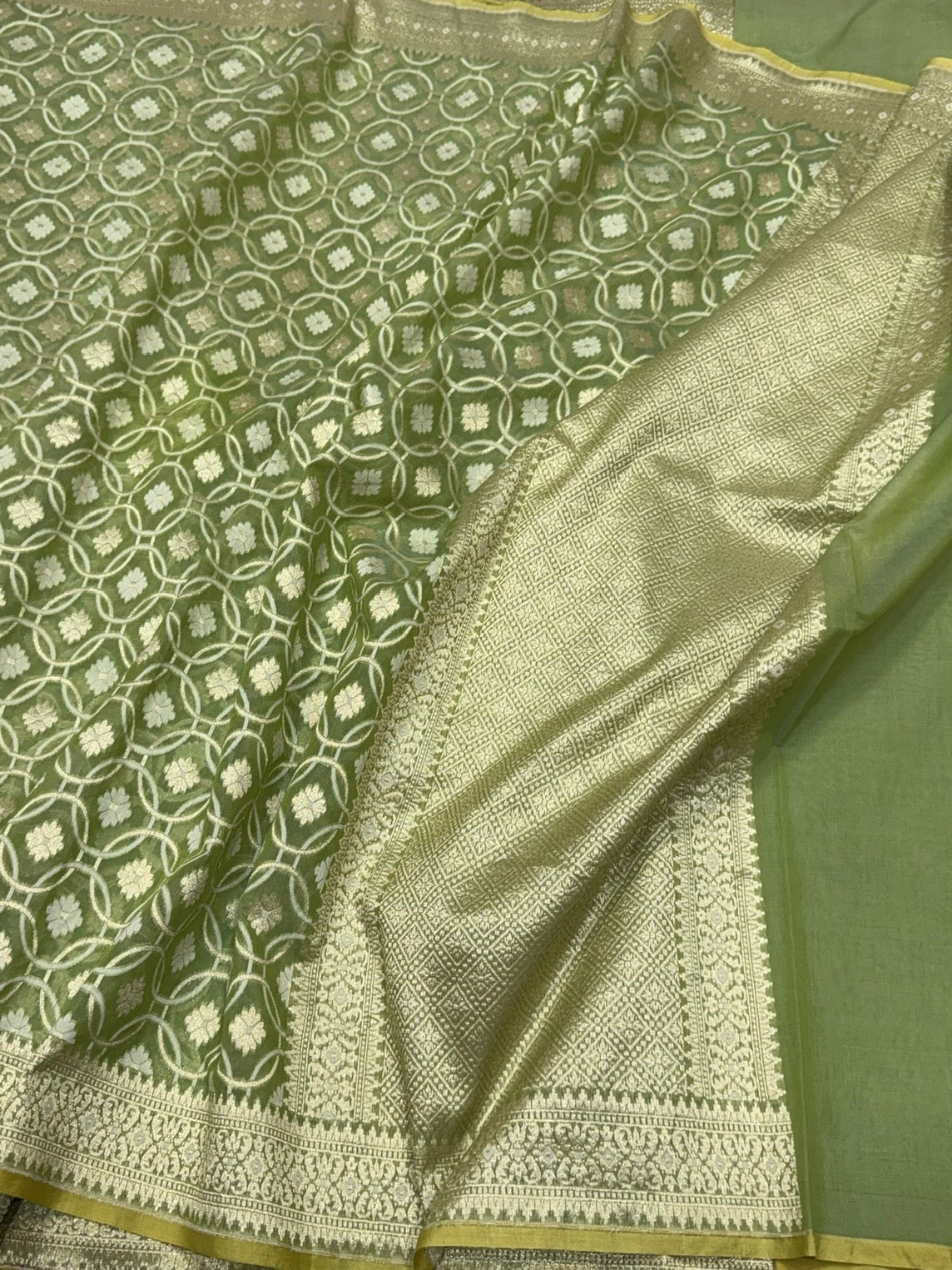 Green Banarasi Pure Kora Cotton Saree