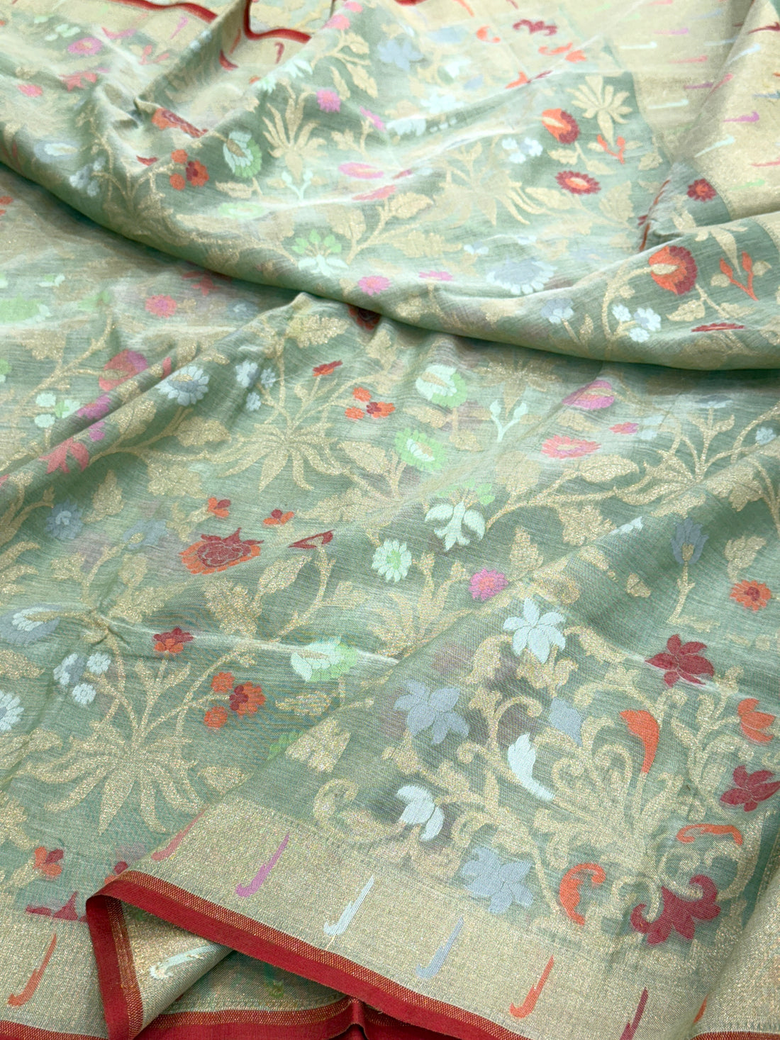 Sage Green Pure Muslin Cotton Jamdani Silk Saree