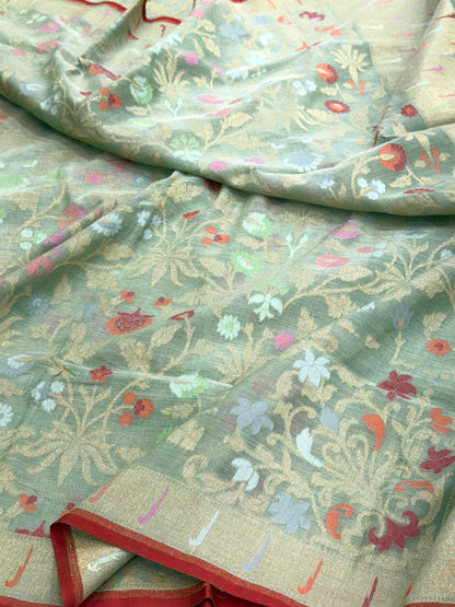 Sage Green Pure Muslin Cotton Jamdani Silk Saree