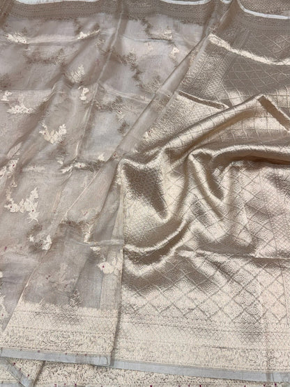 Champagne Gold Pure Banarasi Tissue Silk Saree | Pure Kora Tissue | Cutwork Technique | Lightweight Banarasi Saree