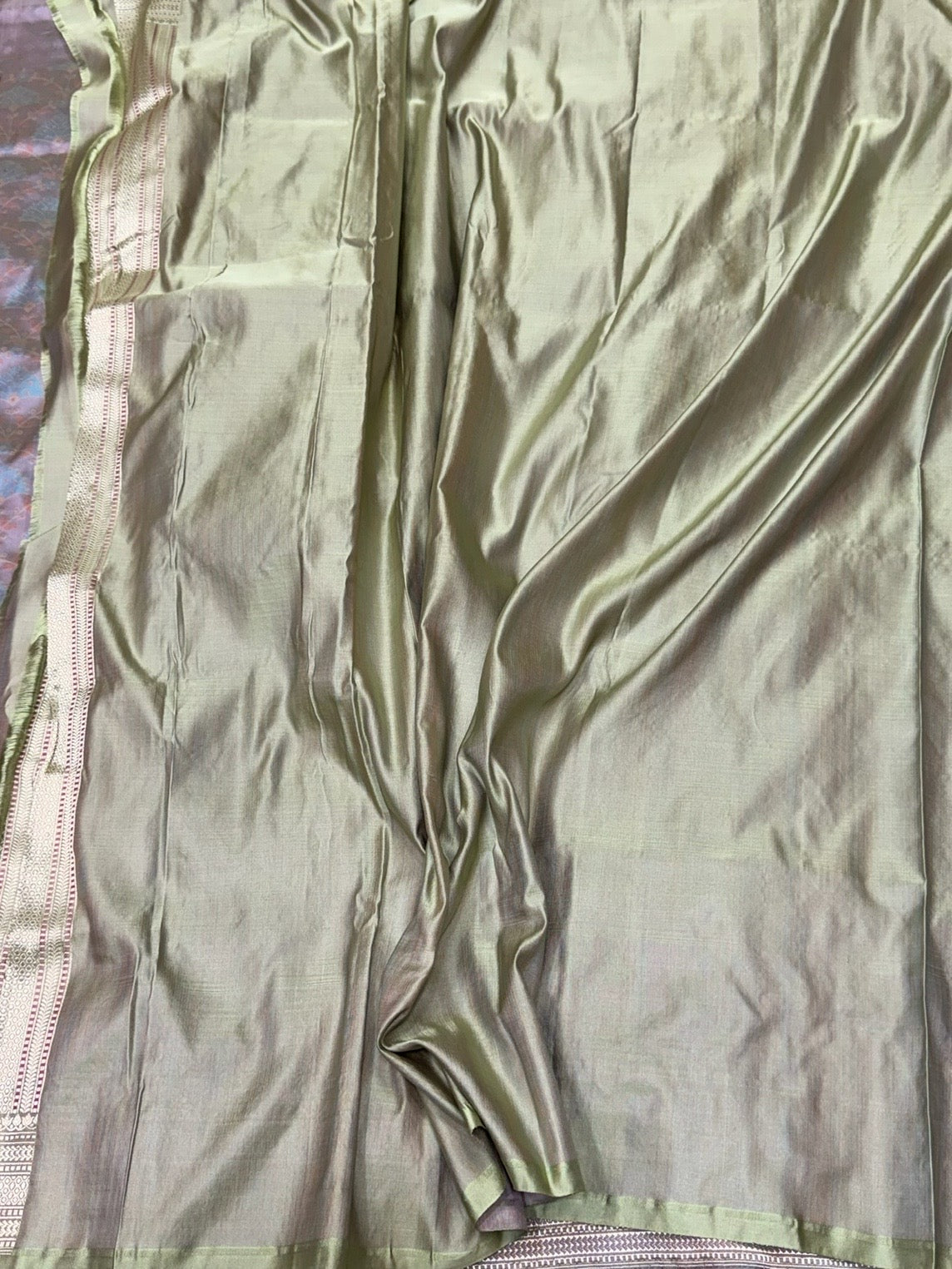 Light Olive Handwoven Pure Banarasi Satin Tanchoi Silk Saree – 100% Pure Satin Silk, Intricate Kadwa Weave