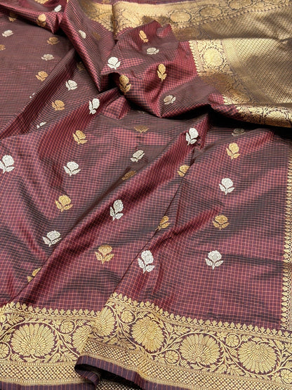 Handwoven Pure Banarasi Saree in Katan Silk – Traditional Checks Weave