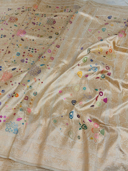 Ivory Handwoven Khimkhab Banarasi Pure Silk Brocade Sareee