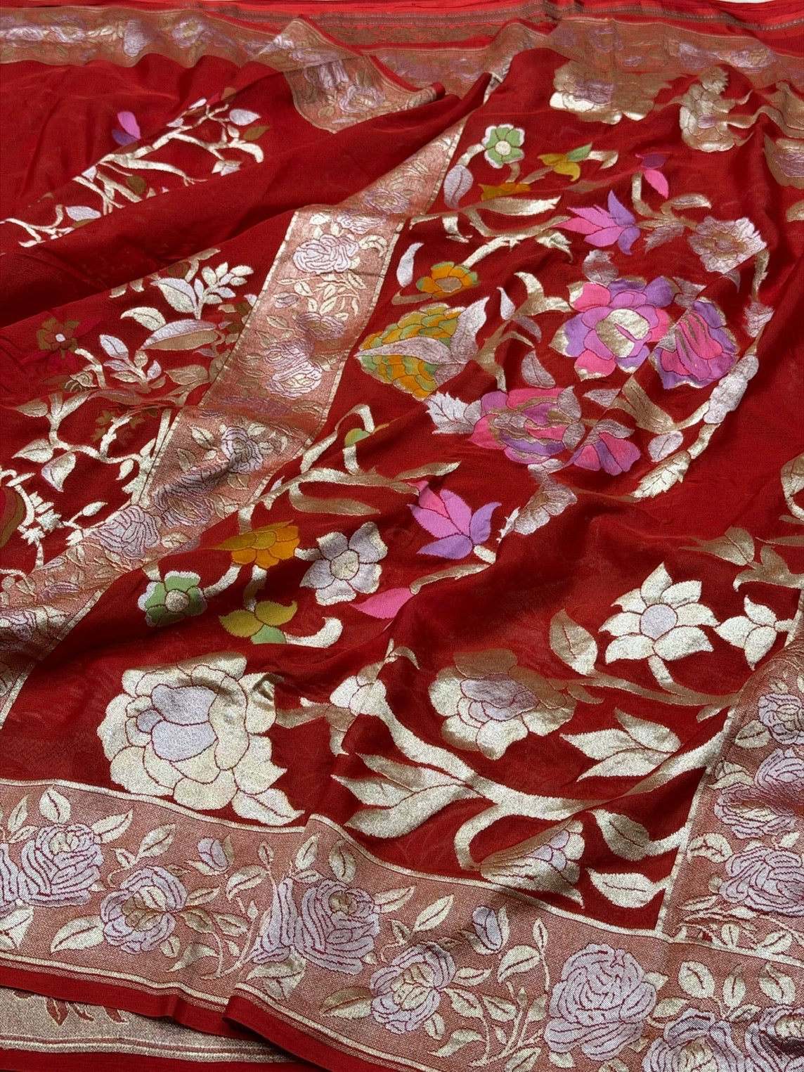 Red Pure Banarasi Chiffon Georgette Saree