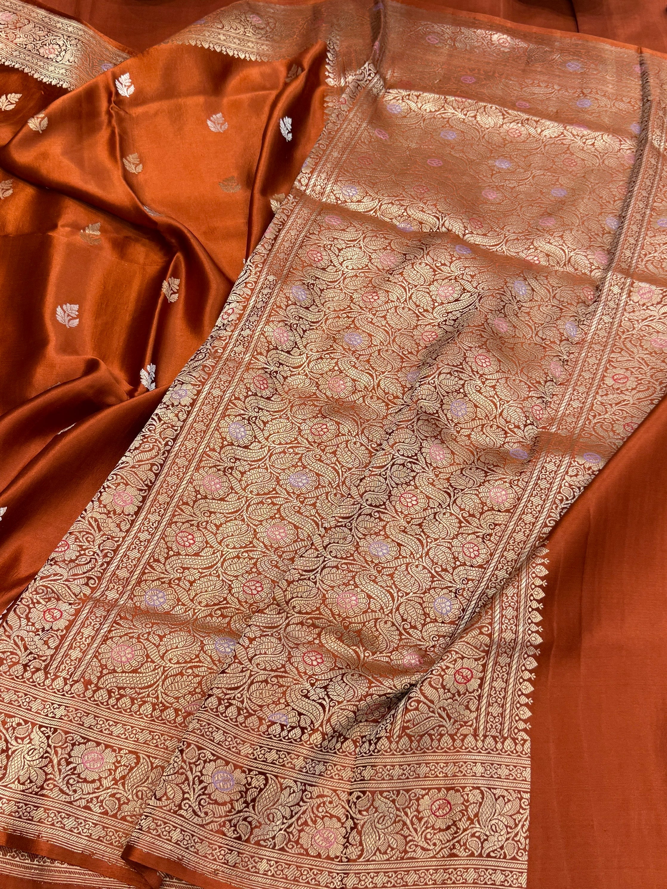 Rust Orange Handwoven Pure Mashru Banarasi Satin Silk Saree – Kadwa Weave | Authentic Banaras Handloom