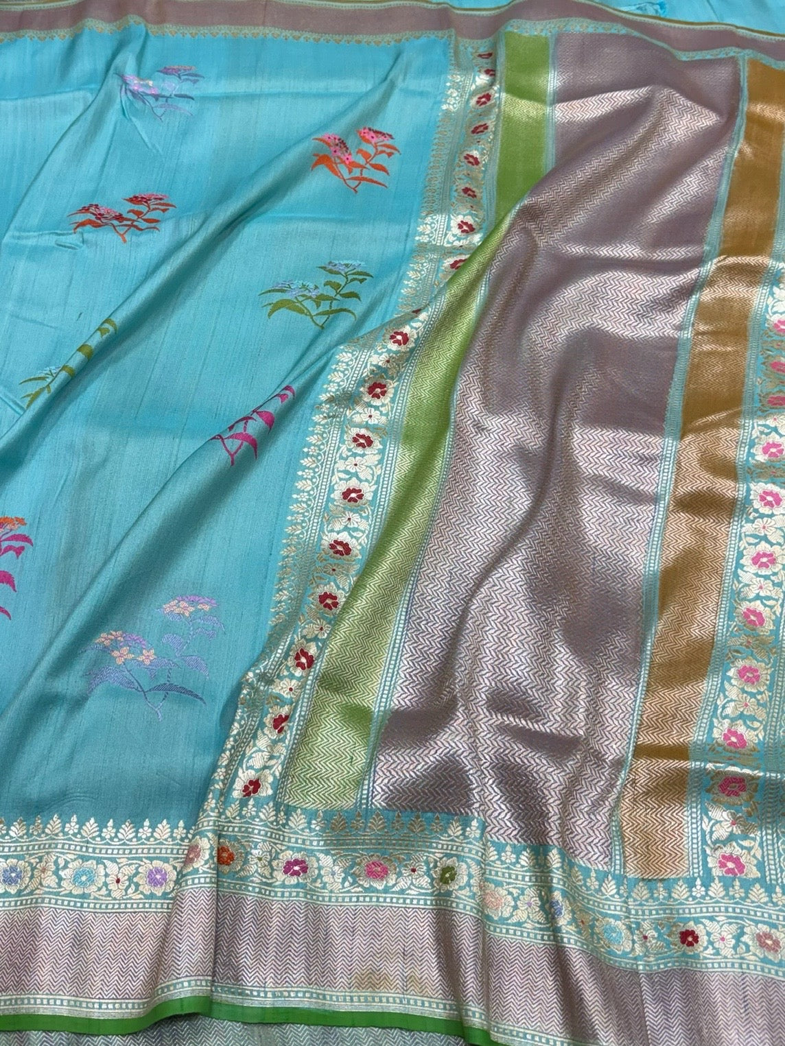 Sky Blue Handwoven Pure Tussar Georgette Saree