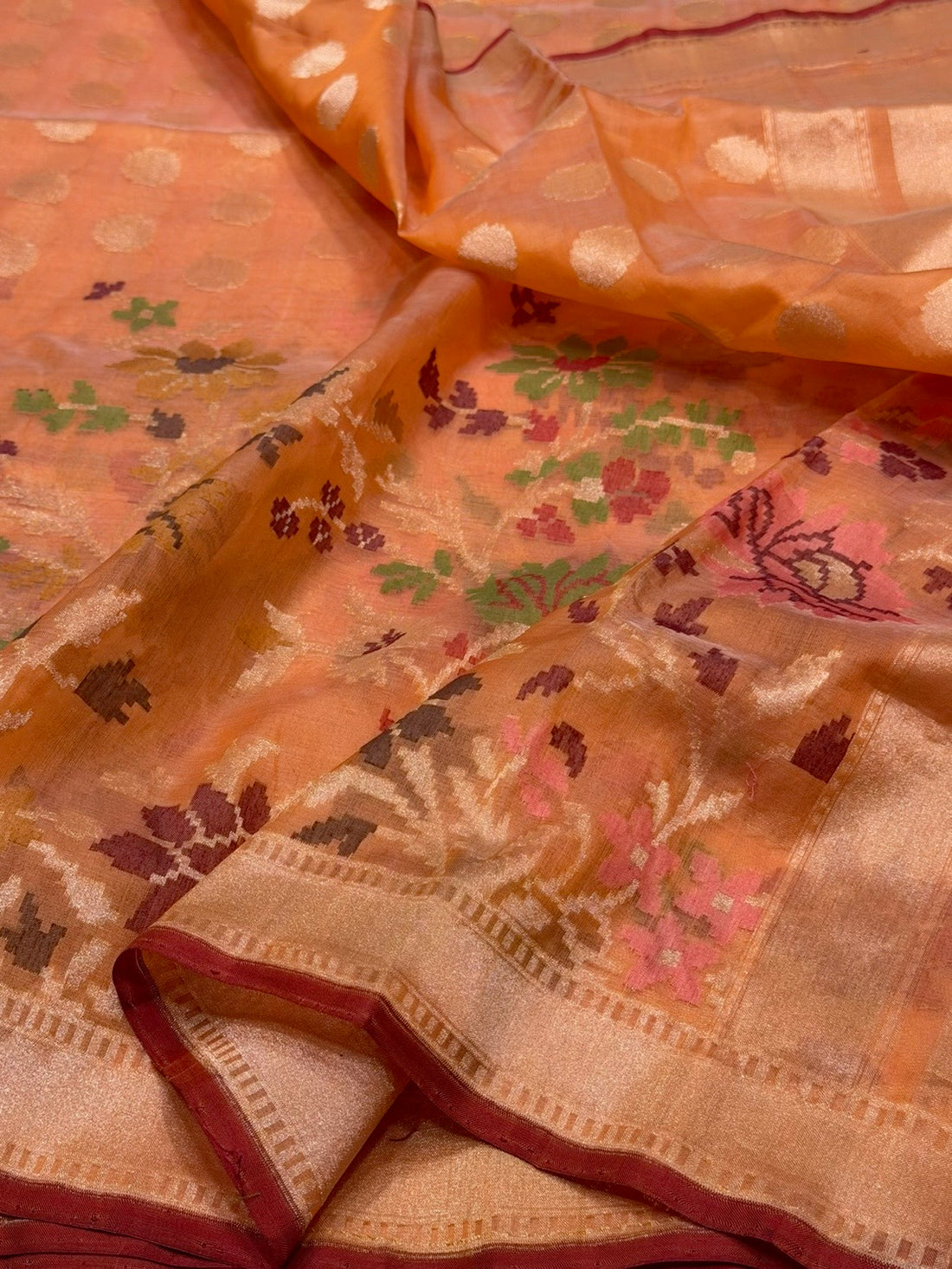 Peach Orange Banarasi Pure Organza Jamdani Saree