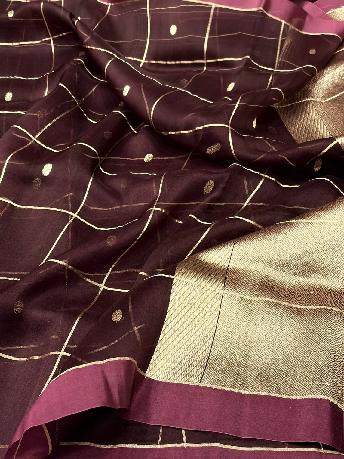 Wine Handwoven Pure Banarasi Organza Silk Saree