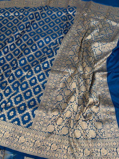 German Blue Banarasi Pure Katan Silk Saree