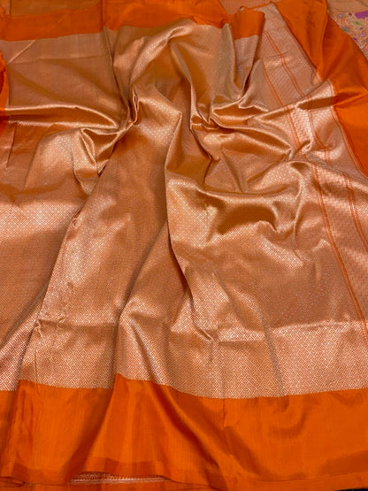 Orange Handwoven Kimkhab Pure Banarasi Silk Brocade Saree