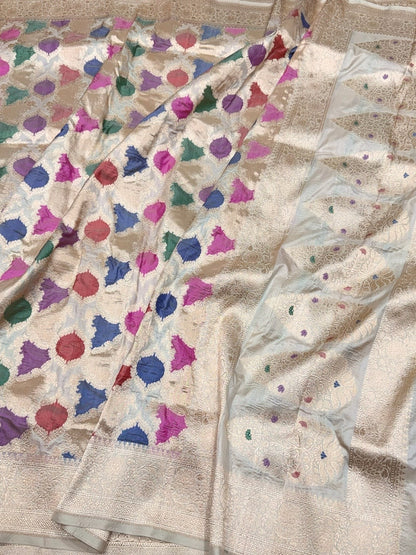 Ivory Banarasi Pure Rangkaat Silk Saree – Cutwork Weave in 100% Pure Katan Silk