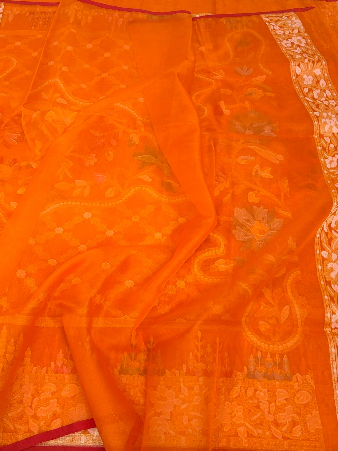 Orange Banarasi Pure Kora Jamdani Saree