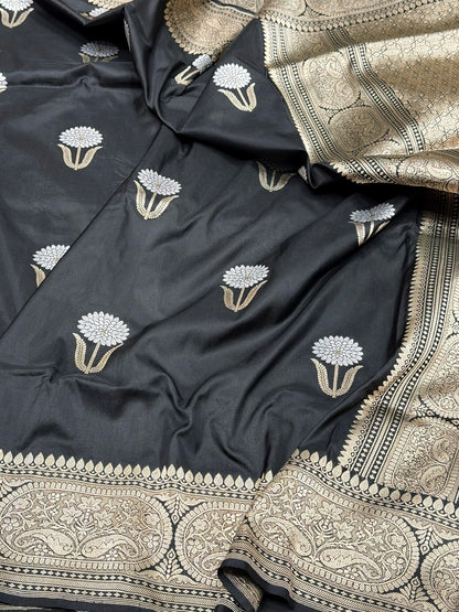 Black Handwoven Pure Banarasi Silk Saree – Katan Silk | Kadwa Weave | Elegant Traditional Banarasi Saree