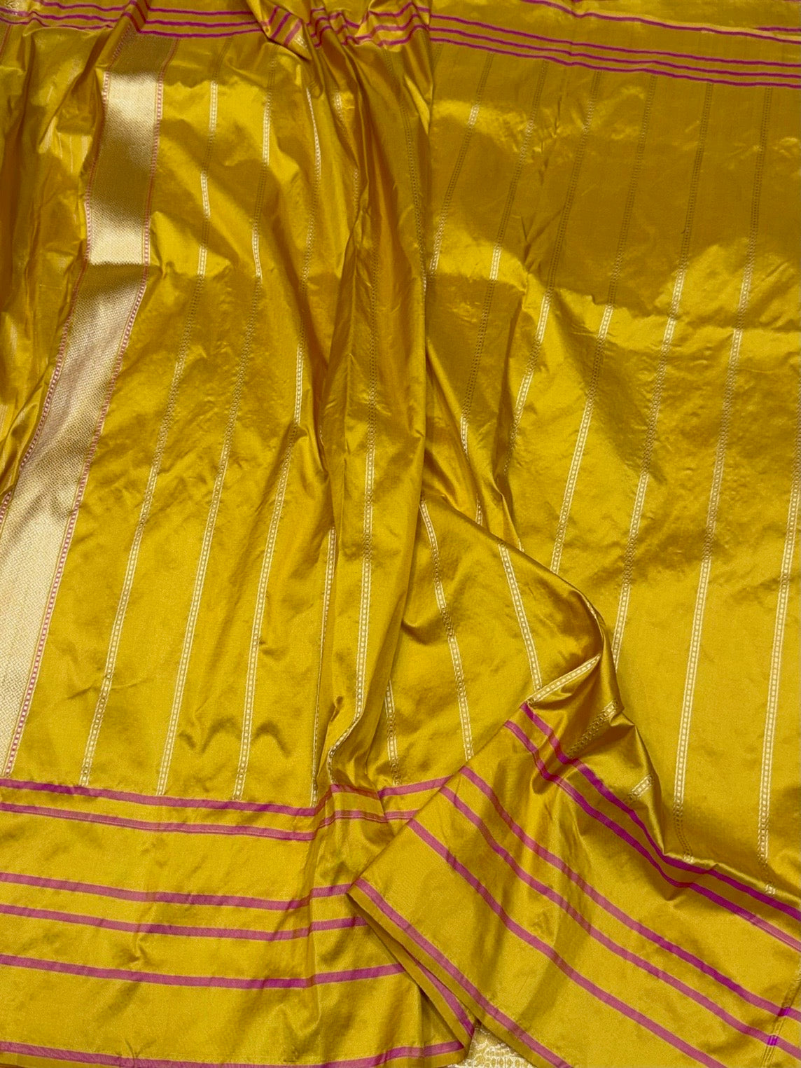 Yellow Handwoven Pure Banarasi Silk Saree in Kadwa Weave | Authentic Katan Mulberry Silk