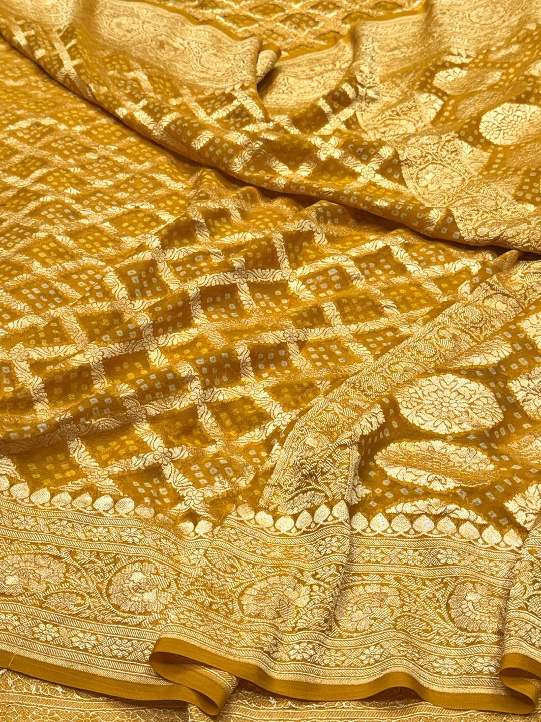 Mustard Yellow Banarasi Pure Bandhej Georgette Saree – Luxury Cutwork Brocade Festive Saree