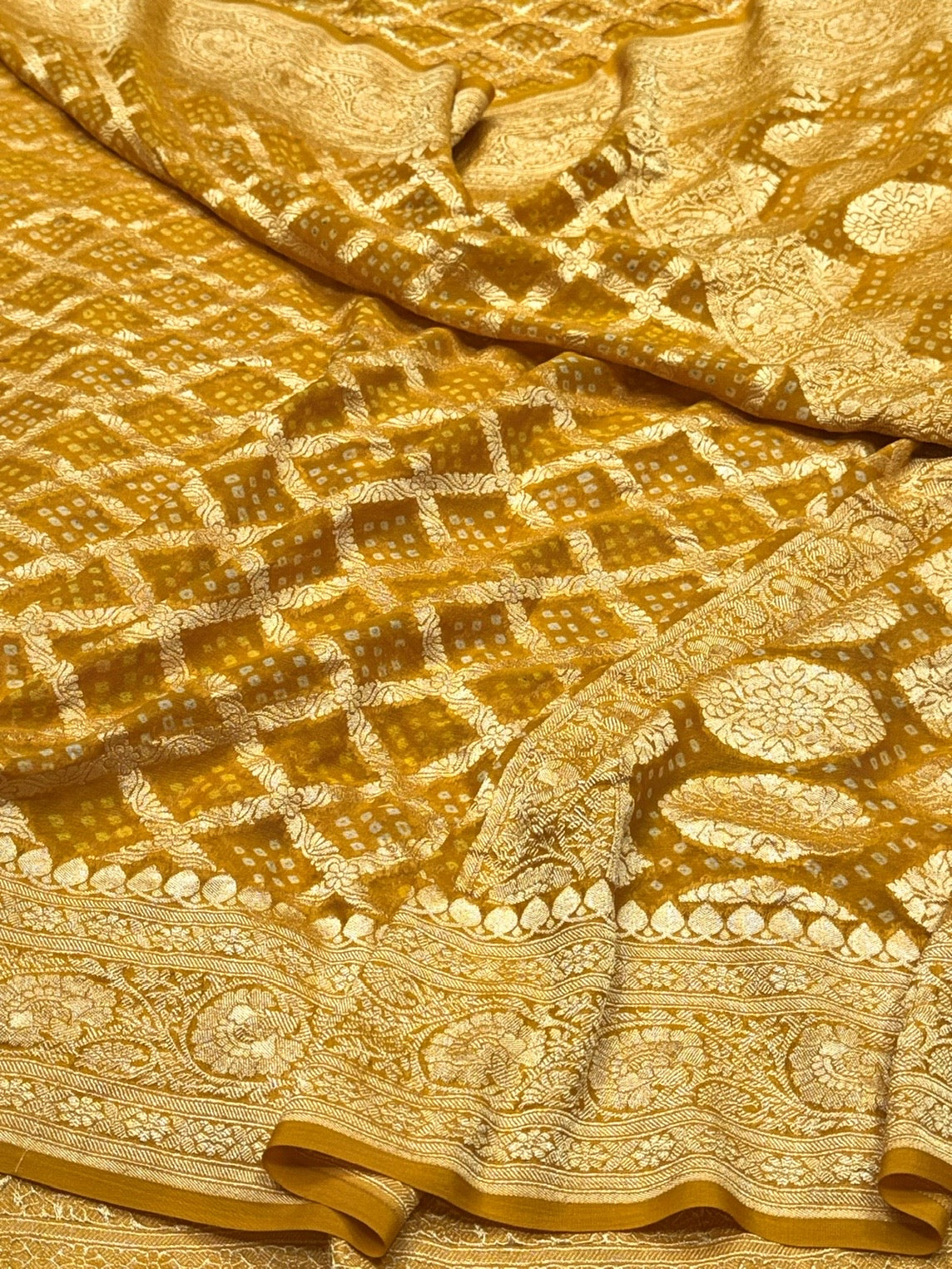 Mustard Yellow Banarasi Pure Bandhej Georgette Saree – Luxury Cutwork Brocade Festive Saree