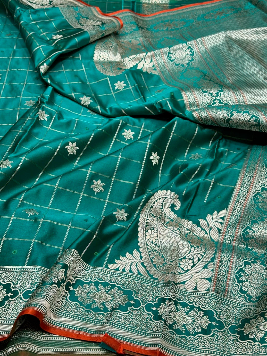 Teal Green Handwoven Pure Banarasi Satin Silk Saree – Kadwa Weave | 100% Pure Satin Silk | Authentic Banaras Handloom