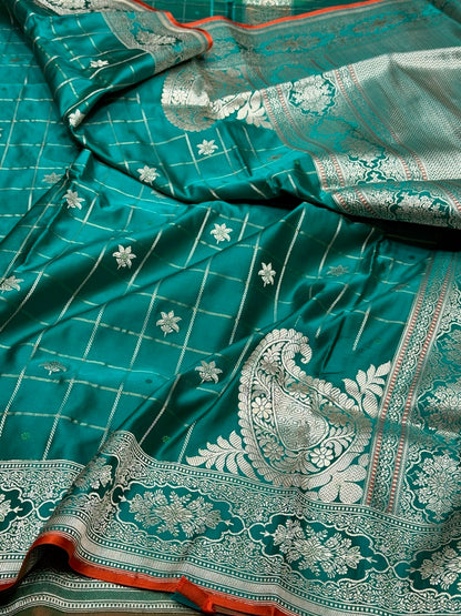 Teal Green Handwoven Pure Banarasi Satin Silk Saree – Kadwa Weave | 100% Pure Satin Silk | Authentic Banaras Handloom