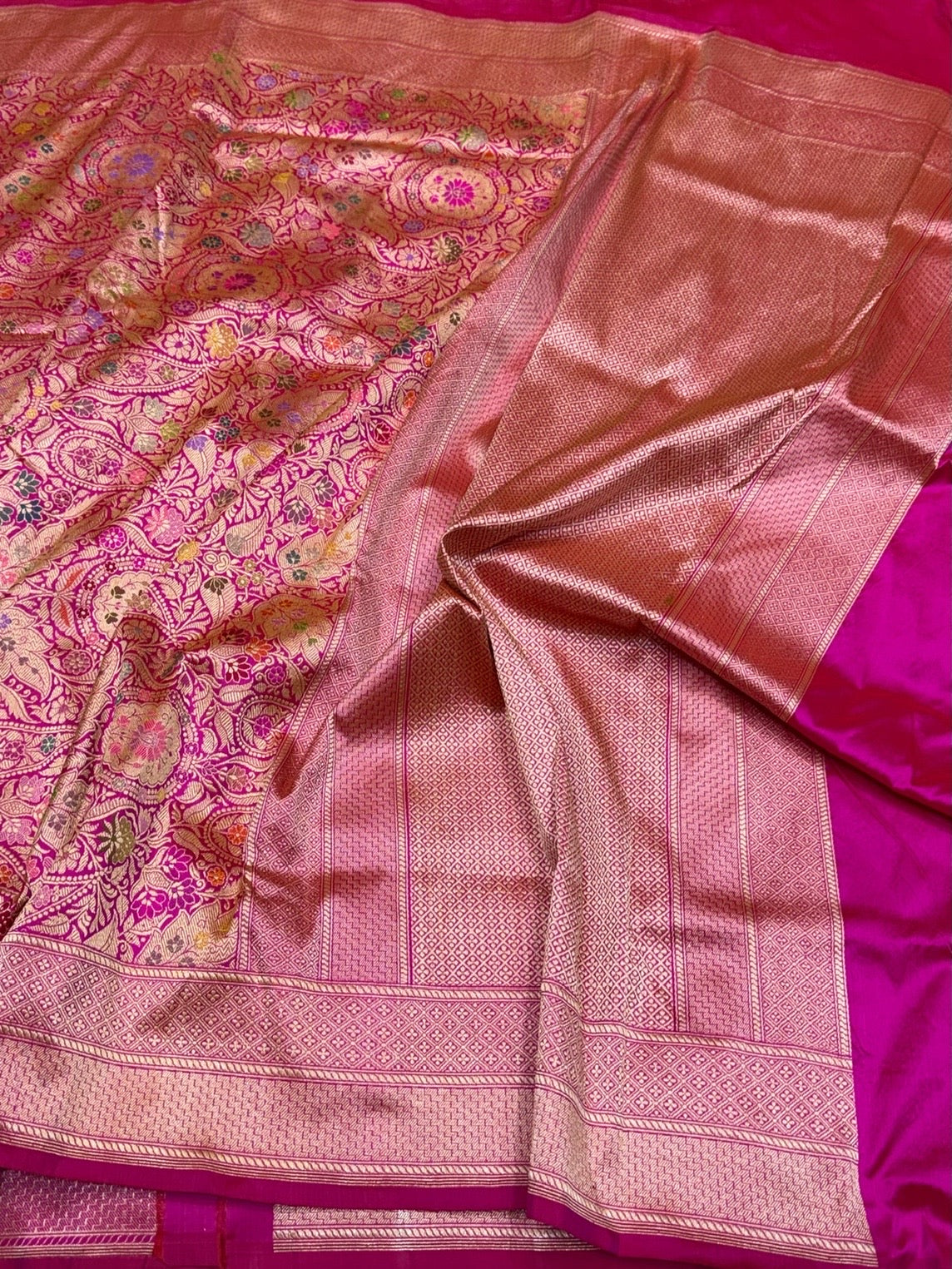 Rani Pink Handwoven Kimkhab Pure Banarasi Silk Brocade Saree – 100% Katan Mulberry Silk