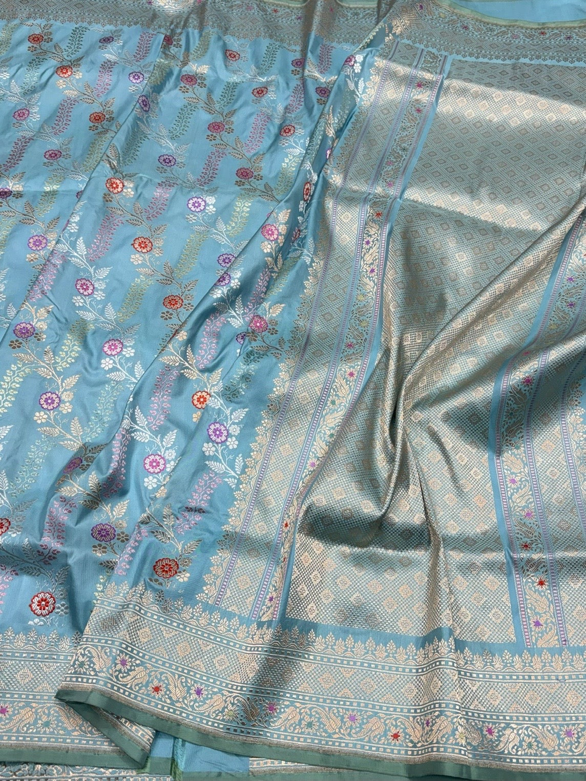Sky Blue Handwoven Pure Banarasi Silk Saree in Kadwa Weave | Authentic Katan Mulberry Silk