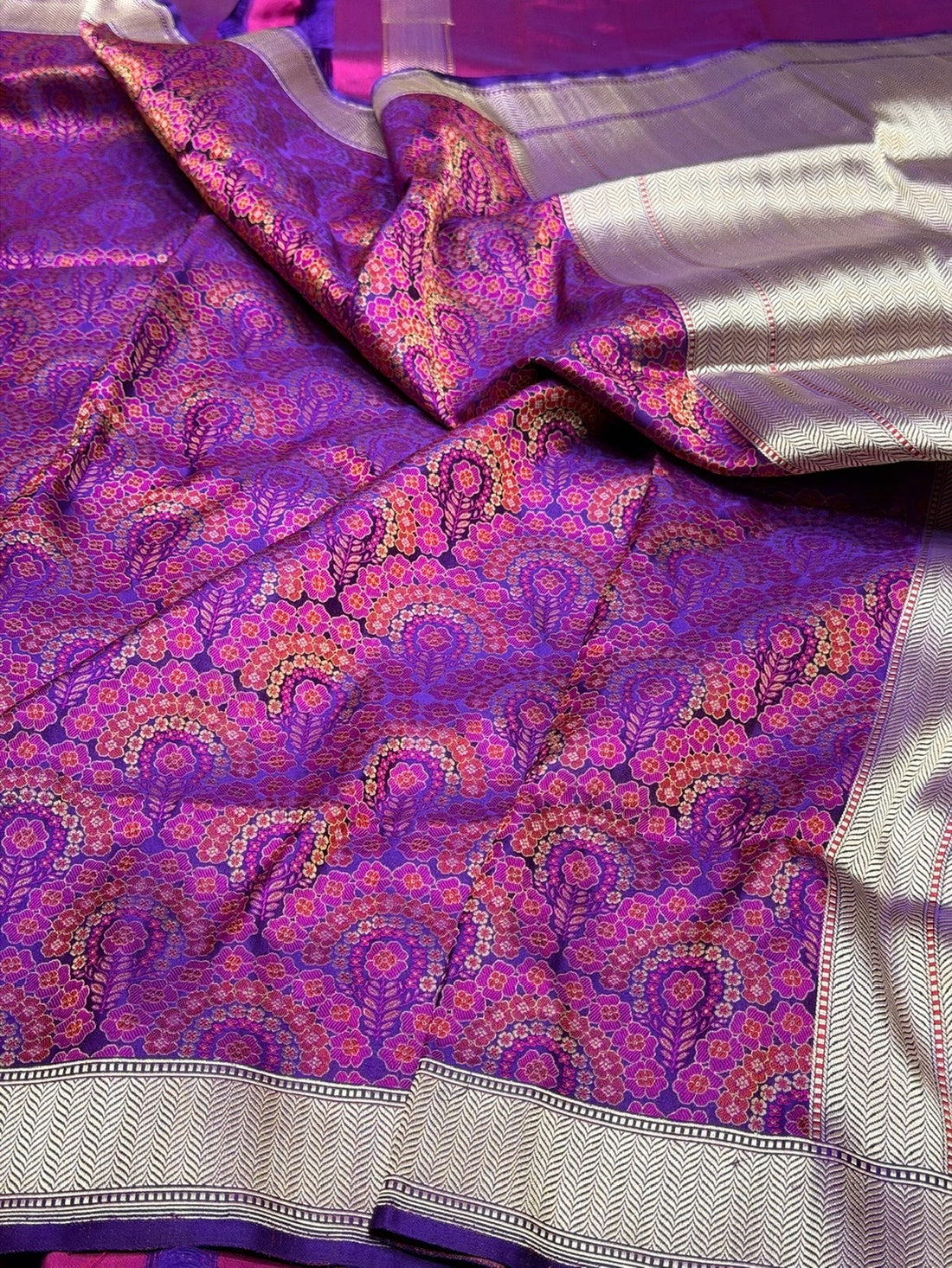 Purple Handwoven Pure Banarasi Satin Tanchoi Silk Saree – 100% Pure Satin Silk, Intricate Kadwa Weave