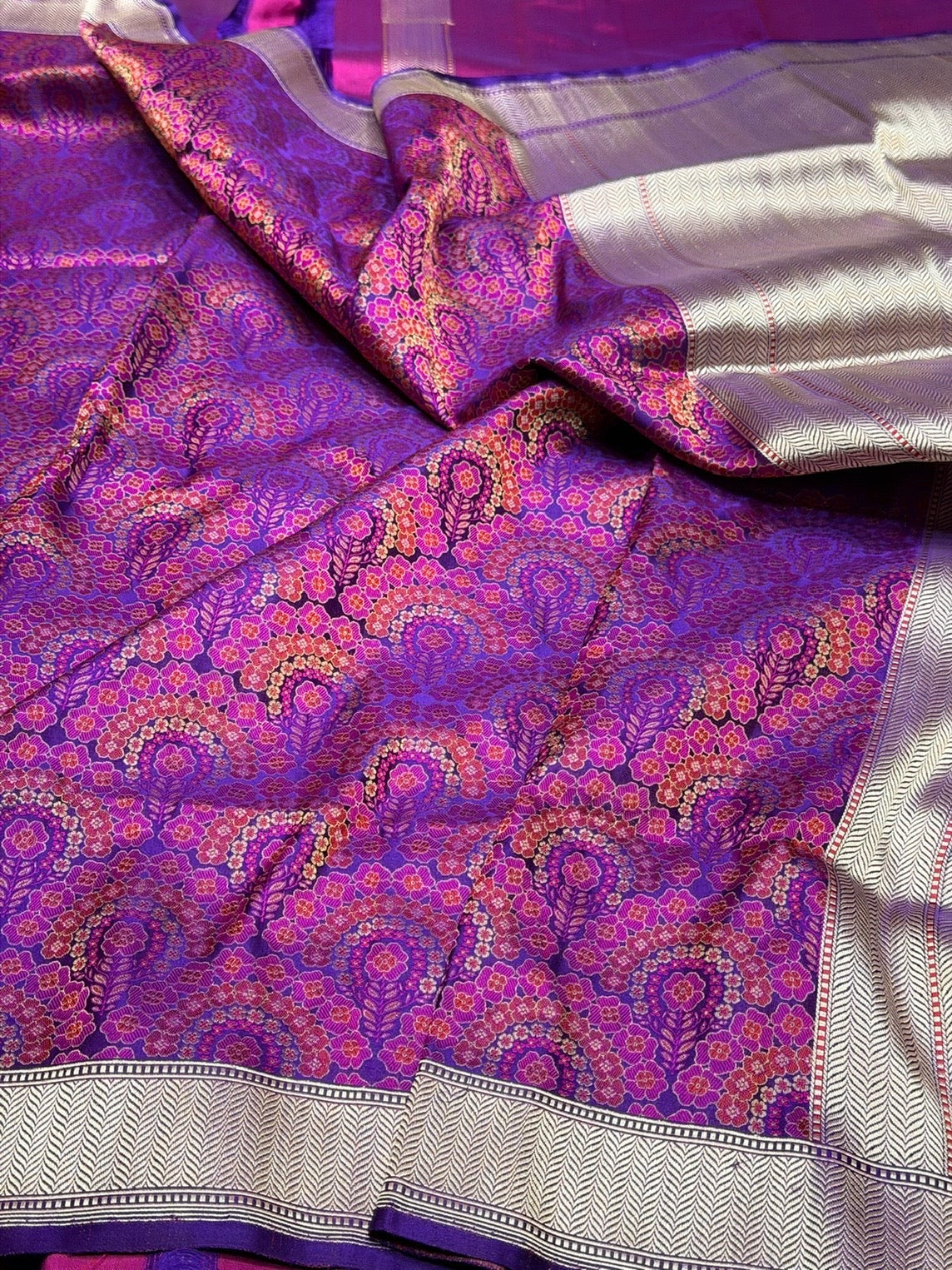 Purple Handwoven Pure Banarasi Satin Tanchoi Silk Saree – 100% Pure Satin Silk, Intricate Kadwa Weave