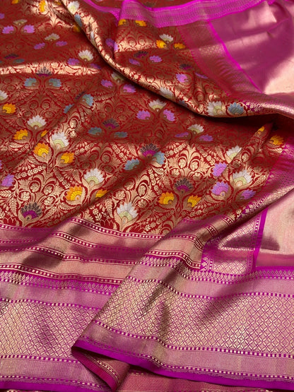 Red Banarasi Silk Brocade Saree with Rani Pink Satin Border – Katan Silk Elegance