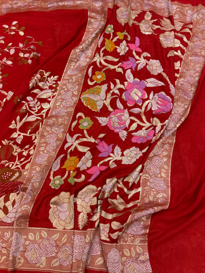Red Pure Banarasi Chiffon Georgette Saree