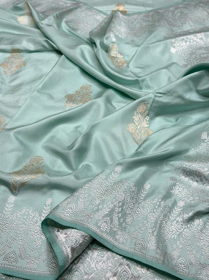 Sea Blue Handwoven Pure Banarasi Ektara Silk Saree – Kadwa Weave in 100% Mulberry Silk