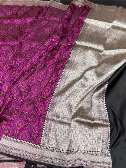 Magenta Pink Handwoven Pure Banarasi Satin Tanchoi Silk Saree – Kadwa Weave | Authentic Banaras Handloom