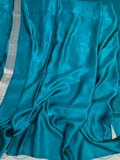 Teal Blue Handwoven Pure Banarasi Mashru Silk Saree