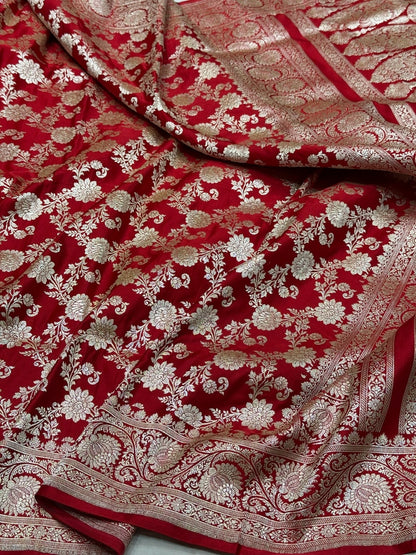 Red Handwoven Vintage Pure Banarasi Satin Silk Saree