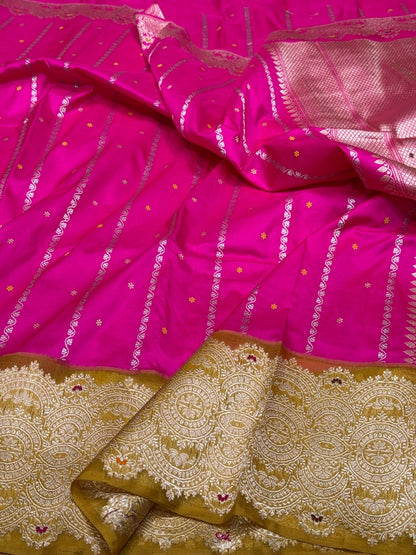 Rani Pink Handwoven Pure Banarasi Silk Saree in Kadwa Weave – Katan Silk with Skirt Pattern Design