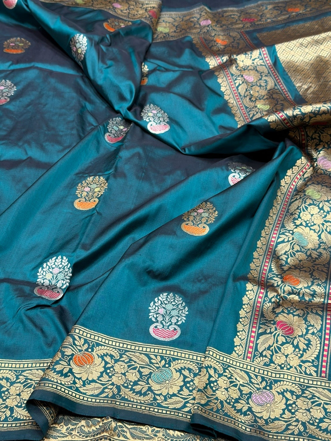 Teal Blue Handwoven Pure Banarasi Silk Saree in Kadwa Weave – 100% Katan Mulberry Silk