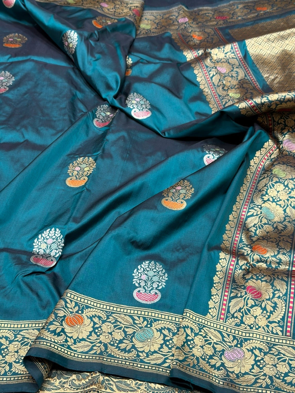 Teal Blue Handwoven Pure Banarasi Silk Saree in Kadwa Weave – 100% Katan Mulberry Silk