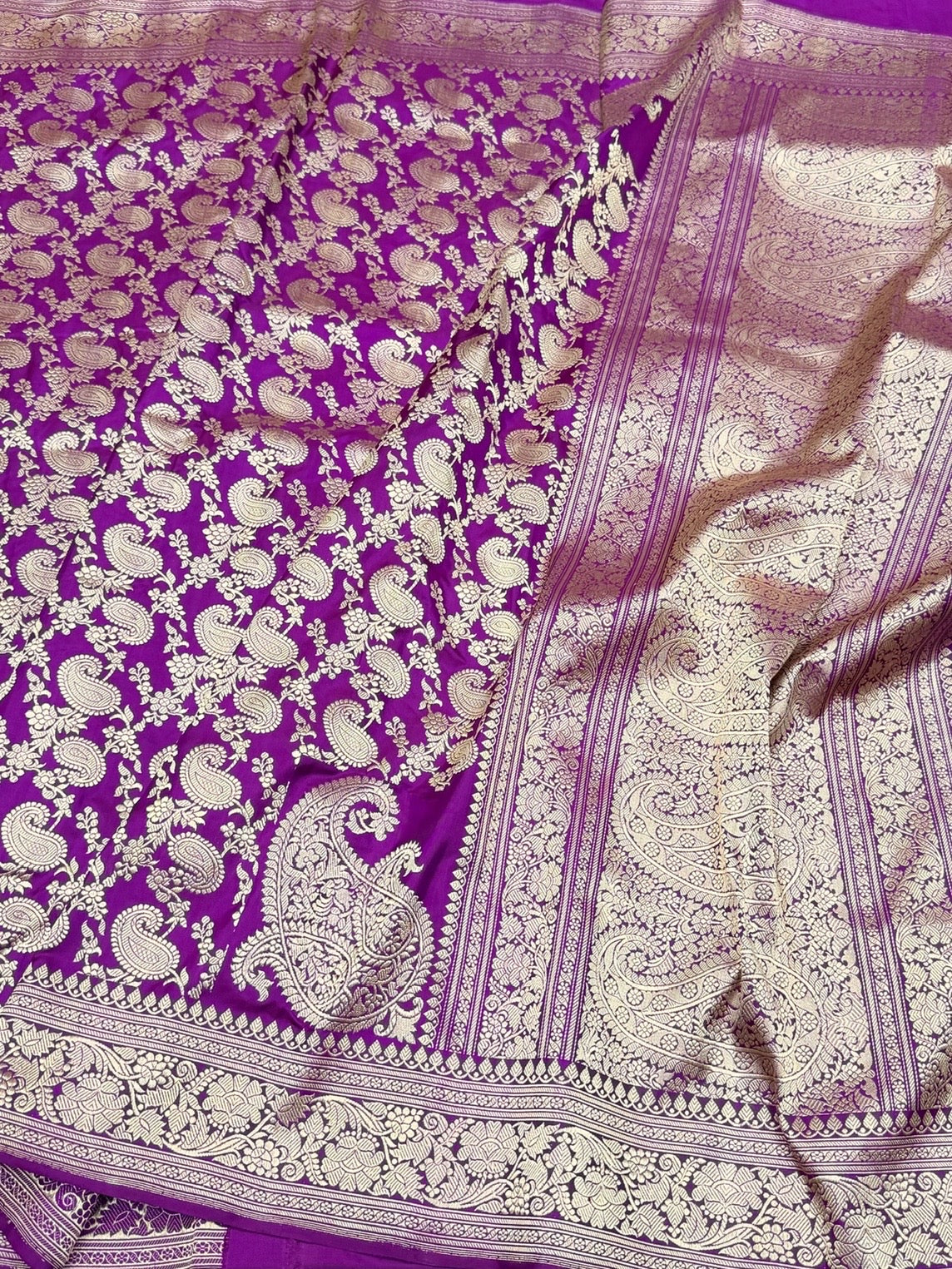 Purple Handwoven Pure Banarasi Silk Saree – Kadwa Weave in 100% Katan Mulberry Silk
