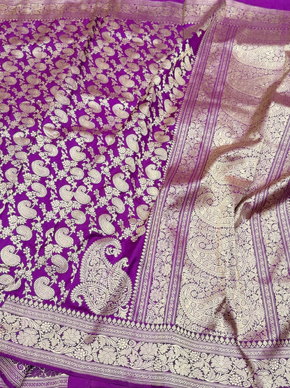 Purple Handwoven Pure Banarasi Silk Saree – Kadwa Weave in 100% Katan Mulberry Silk