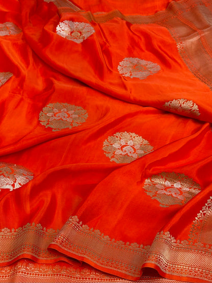 Orange Handwoven Pure Mashru Banarasi Satin Silk Saree