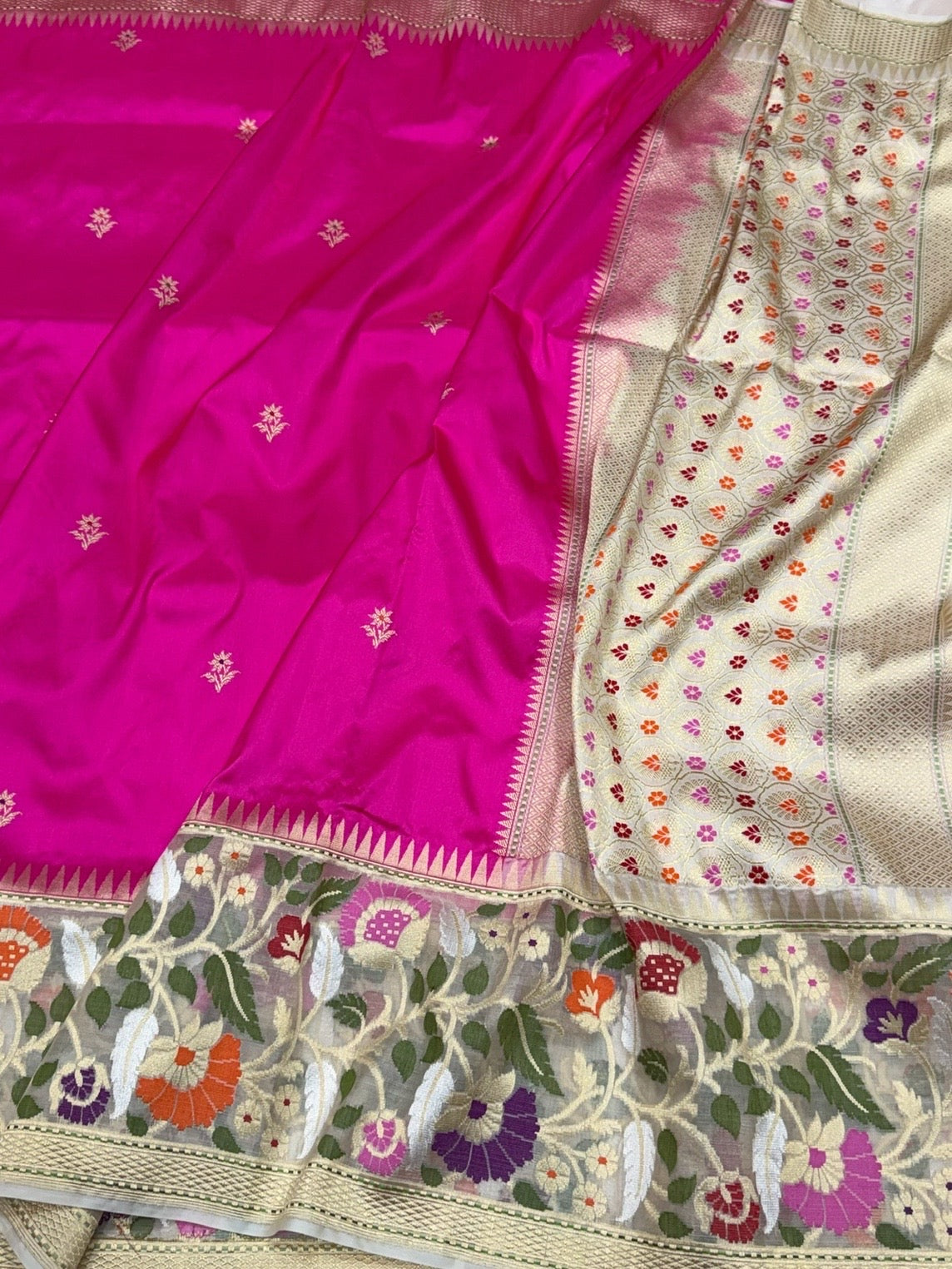 Rani Pink Handwoven Pure Banarasi Silk Saree – Kadwa Weave in 100% Katan Mulberry Silk