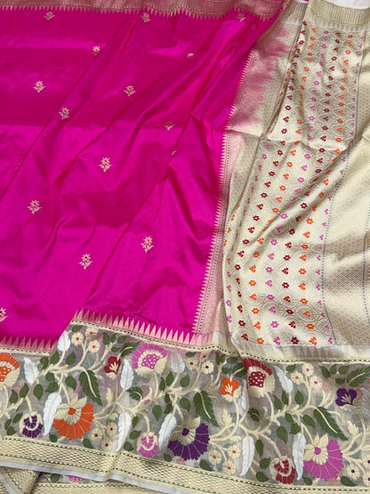 Rani Pink Handwoven Pure Banarasi Silk Saree – Kadwa Weave in 100% Katan Mulberry Silk
