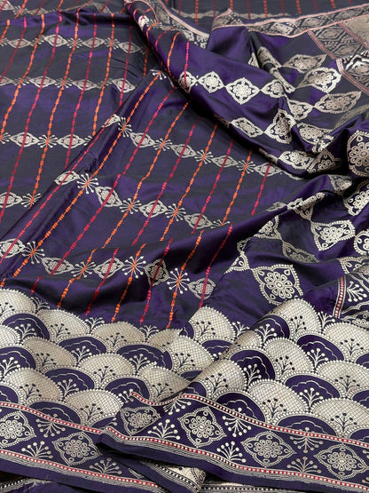 Purple Handwoven Pure Banarasi Silk Saree – Kadwa Weave in 100% Katan Mulberry Silk