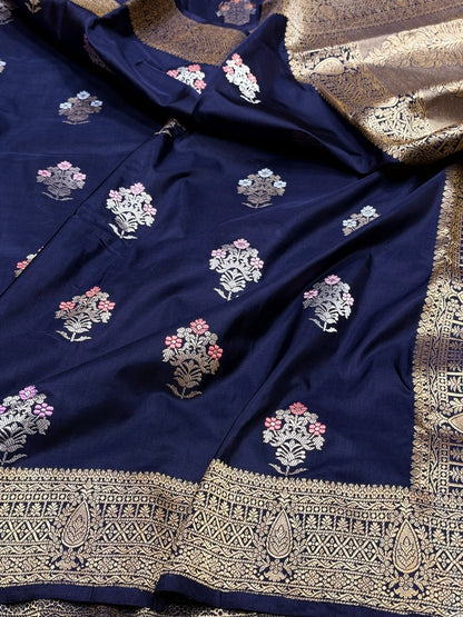 Navy Blue Handwoven Pure Banarasi Silk Saree