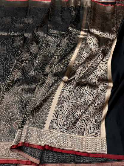 Black Handwoven Pure Banarasi Satin Silk Saree