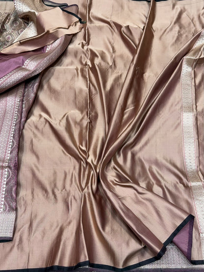 Dusty Rose Metallic Handwoven Banarasi Satin Tanchoi Silk Saree – Pure Satin Silk | Kadwa Weave | Metallic Tanchoi Banarasi Elegance